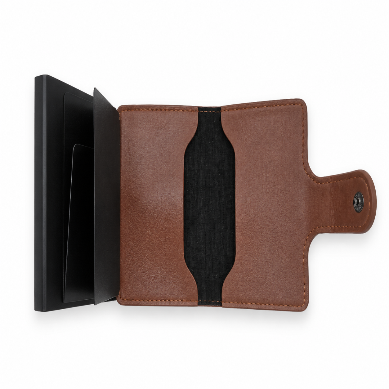 Geöffnetes braunes Smart Wallet Classic in Lederoptik mit integriertem Kartenhalter, Innenfach und Druckknopfverschluss