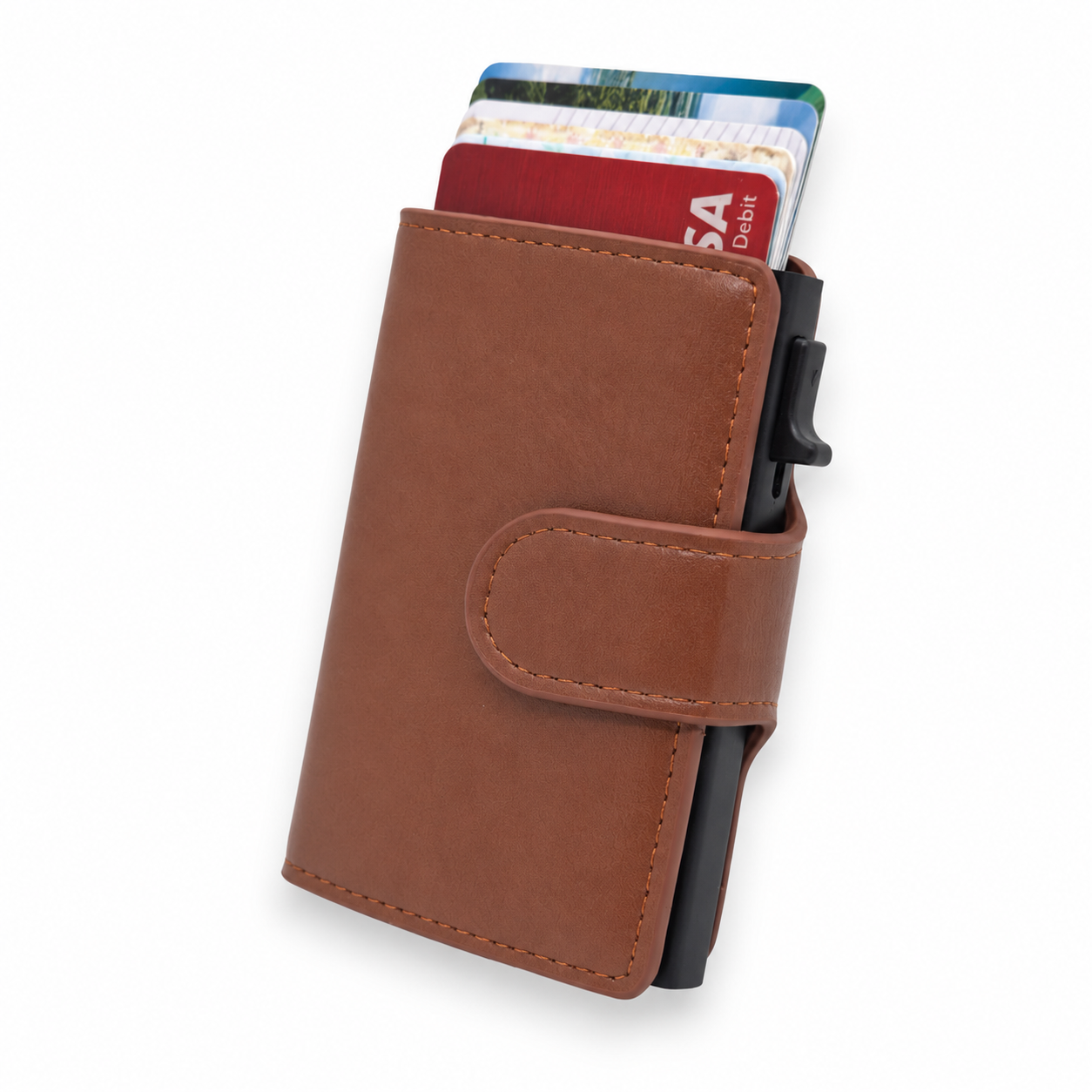 Braunes Smart Wallet Classic in Lederoptik mit Pop-up-Kartenfach, Druckknopfverschluss und herausgeschobenen Karten