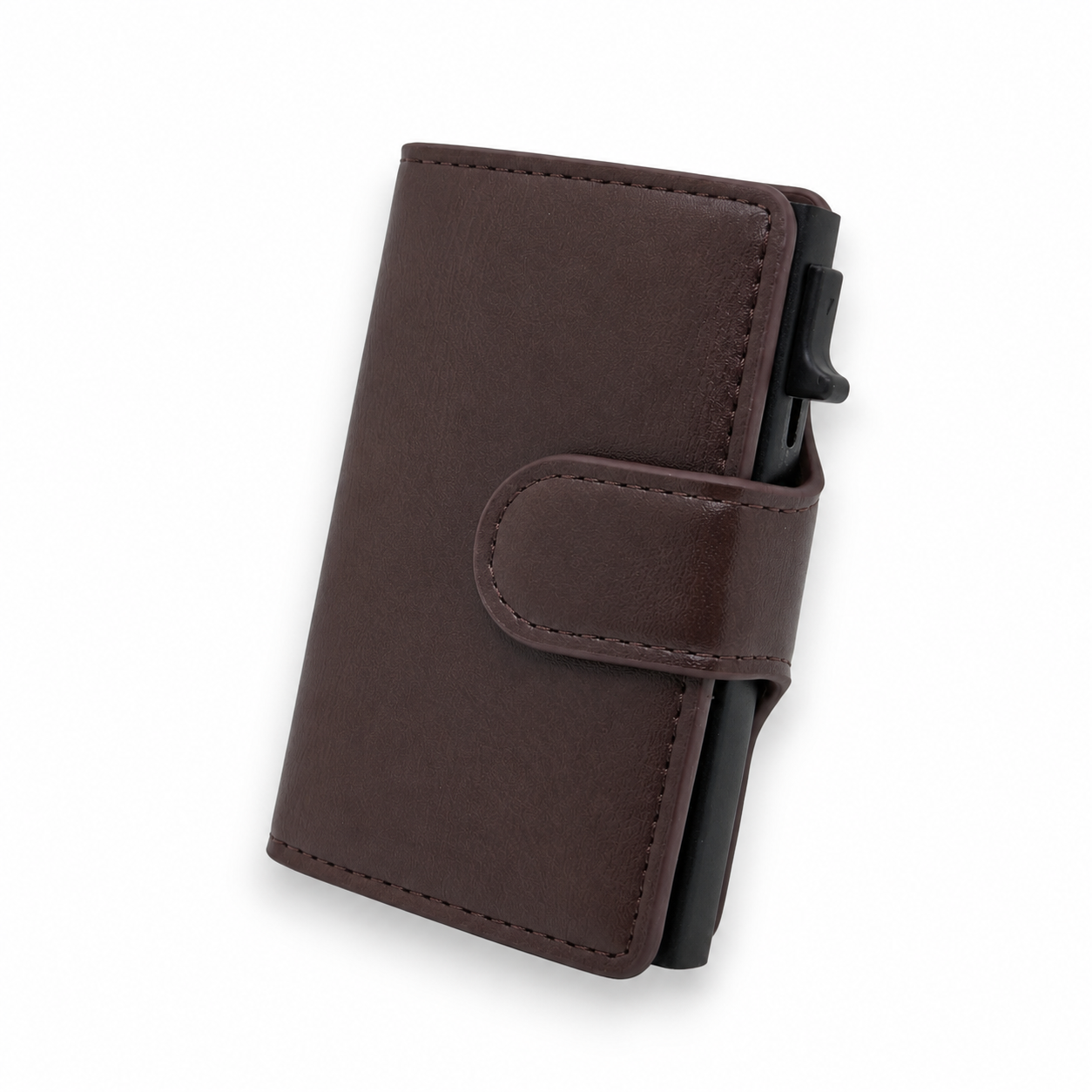 Dunkelbraunes Smart Wallet Classic in Lederoptik mit Druckknopfverschluss und seitlichem Pop-up-Kartenmechanismus