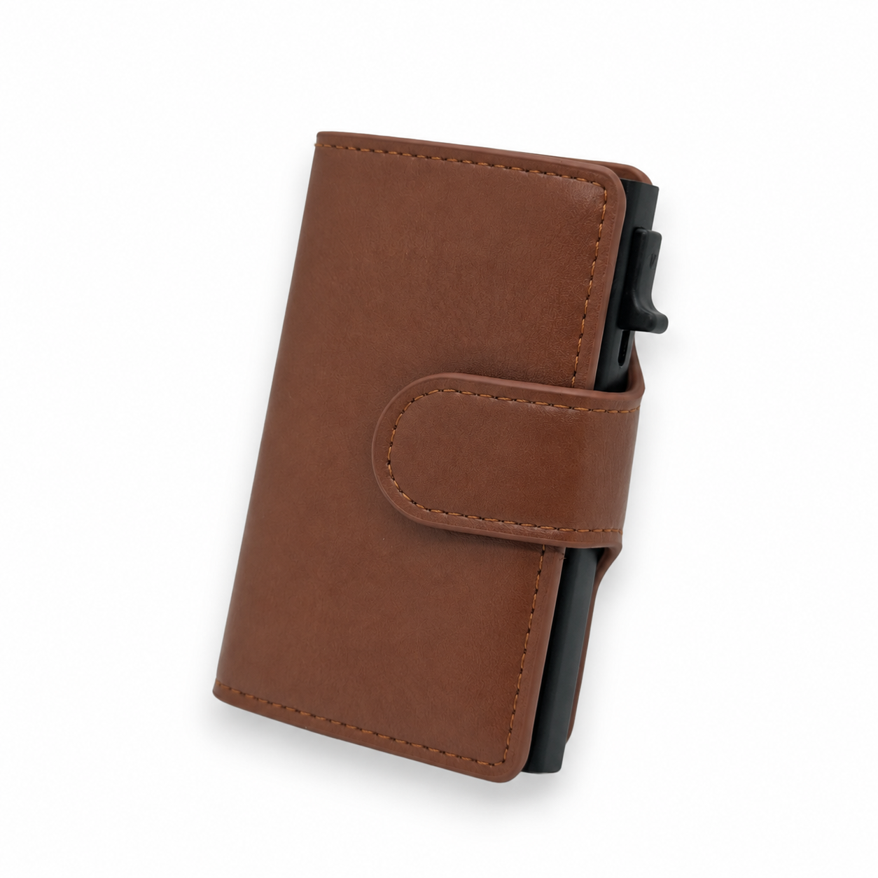 Braunes Smart Wallet Classic in Lederoptik mit Druckknopfverschluss und seitlichem Pop-up-Kartenmechanismus