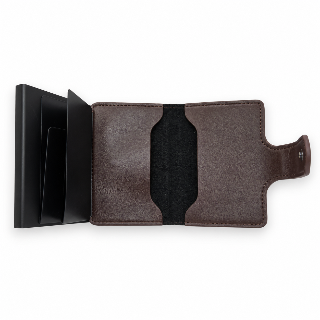Geöffnetes dunkelbraunes Smart Wallet Classic in Lederoptik mit schwarzem Kartenhalter, Innenfächern und Druckknopfverschluss.