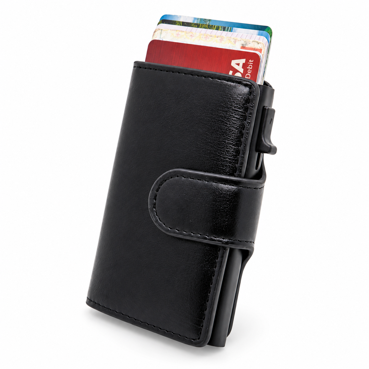 Schwarzes Smart Wallet Classic in Lederoptik mit Pop-up-Kartenfach und Druckknopfverschluss