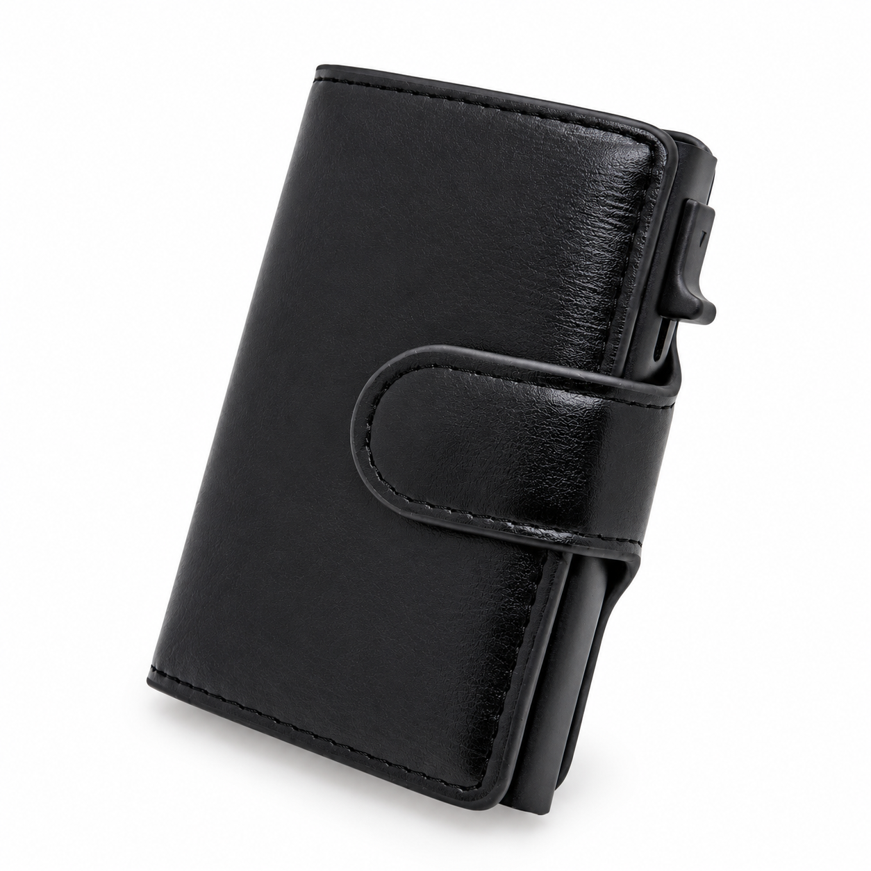 Schwarzes Smart Wallet Classic in Lederoptik mit Druckknopfverschluss und seitlichem Pop-up-Kartenmechanismus