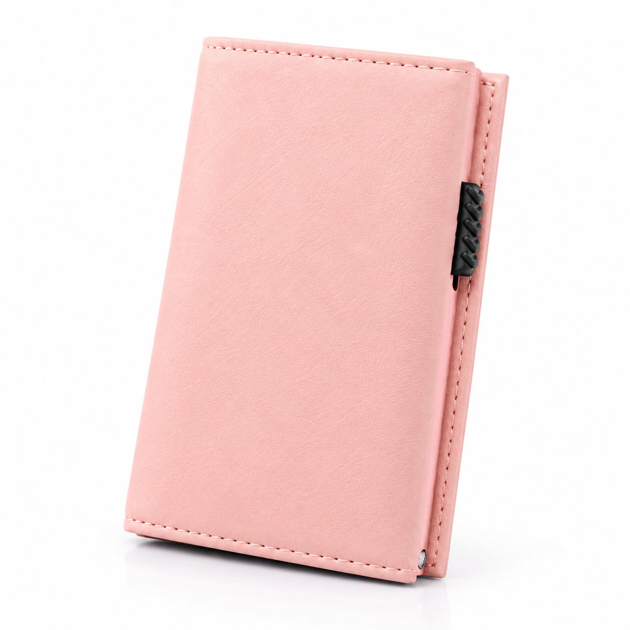 Geschlossenes pinkes Smart Wallet aus Echtleder mit seitlichem Pop-up-Schieber und Ziernähten