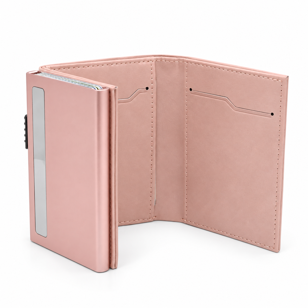 Geöffnetes roséfarbenes Smart Wallet aus Echtleder mit integriertem Aluminium-Kartenetui und Innenfächern