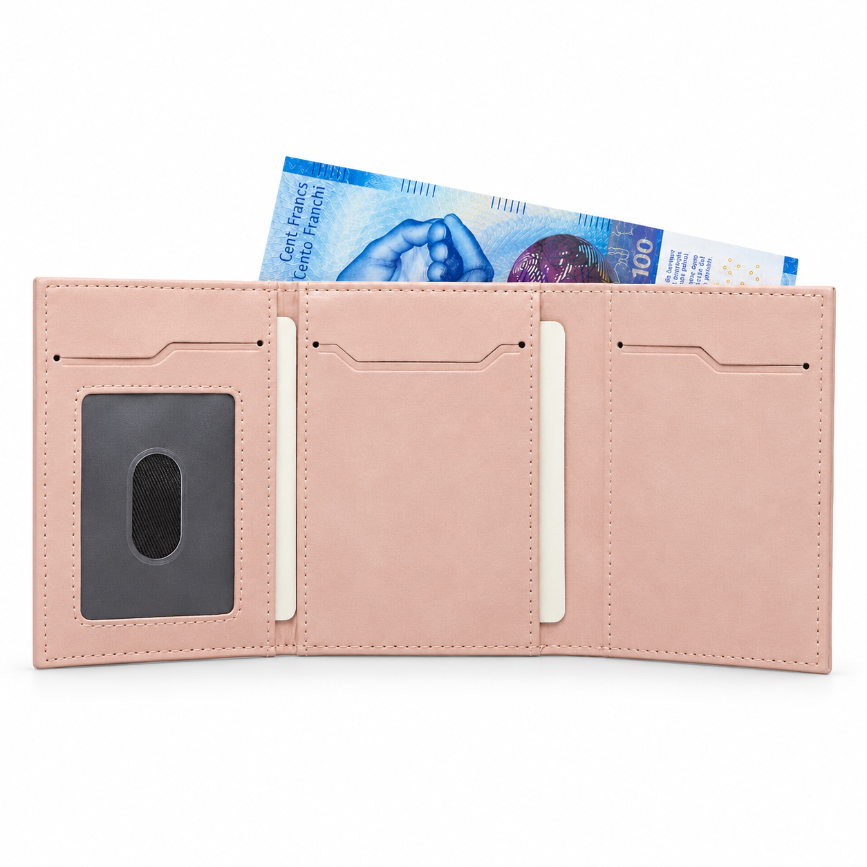 Geöffnetes rosé Smart Wallet aus Echtleder mit Kartenfächern, Sichtfenster und Schweizer Banknote