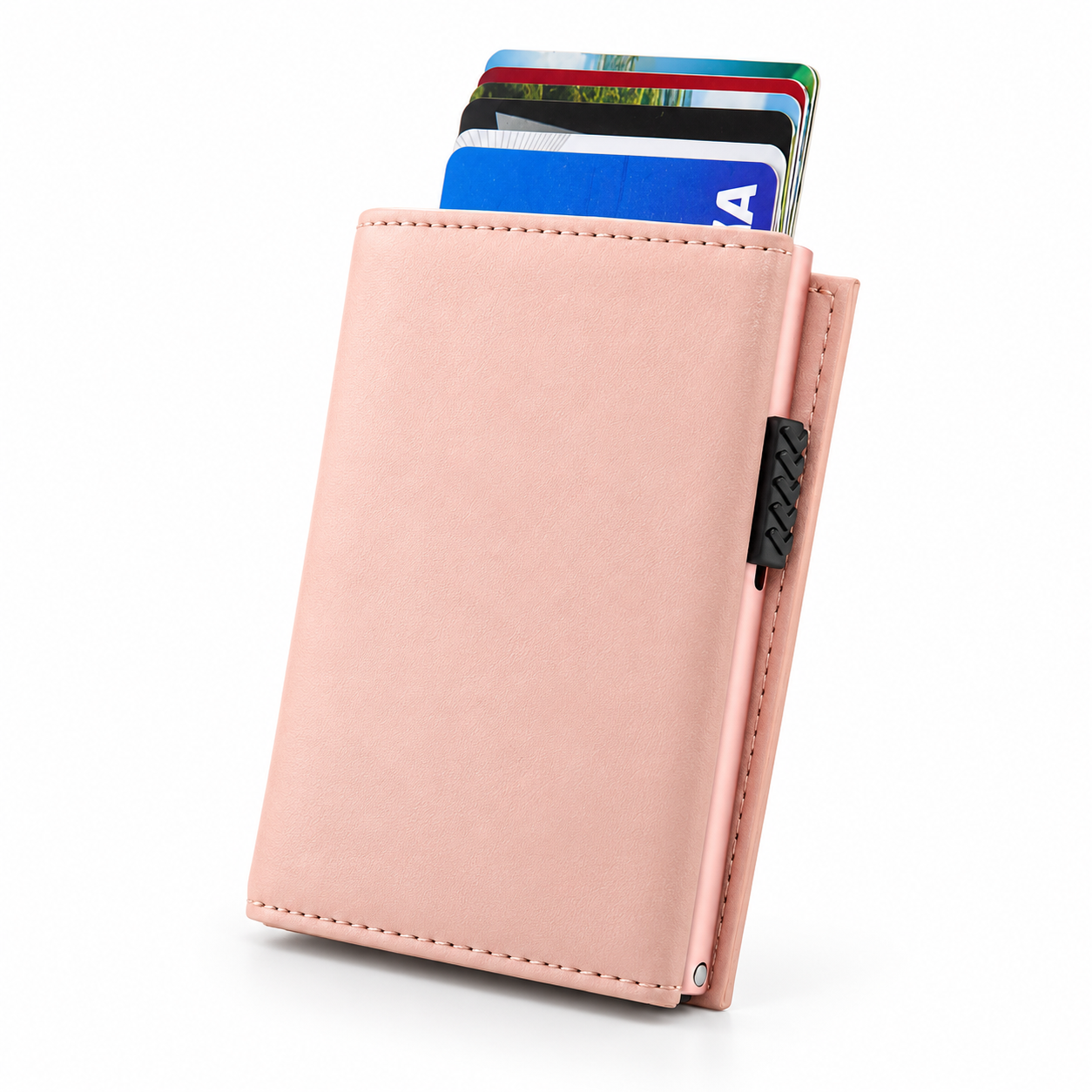 Rosé Smart Wallet aus Echtleder mit herausgeschobenen Karten und seitlichem Pop-up-Schieber