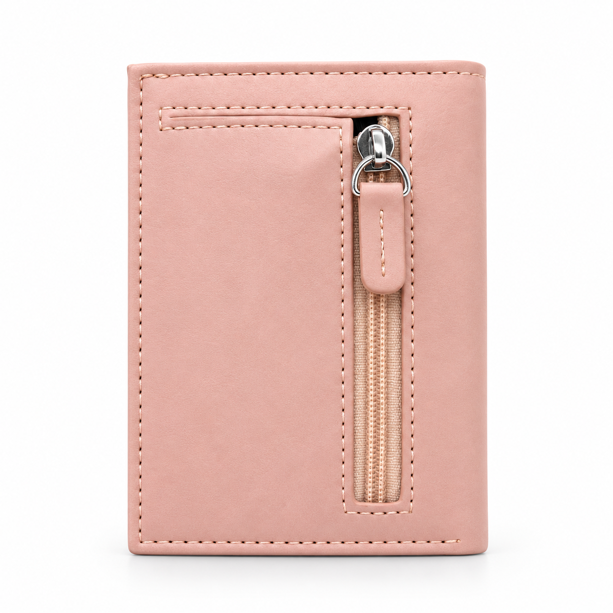 Roséfarbenes Smart Wallet aus Echtleder mit vertikalem Reissverschlussfach und silbernem Zipper