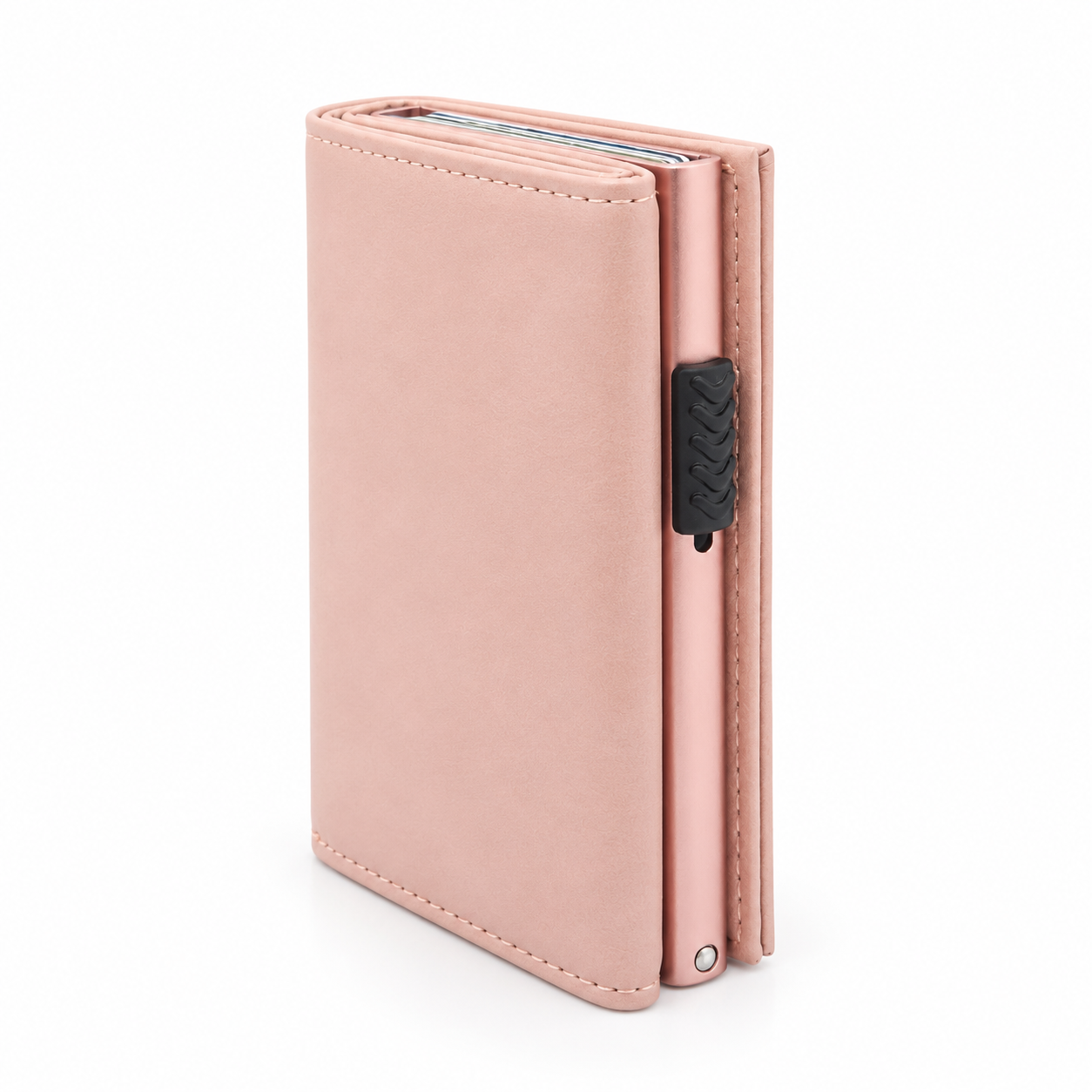 Roséfarbenes Smart Wallet aus Echtleder mit geschlossenem Kartenetui und seitlichem Pop-up-Schieber