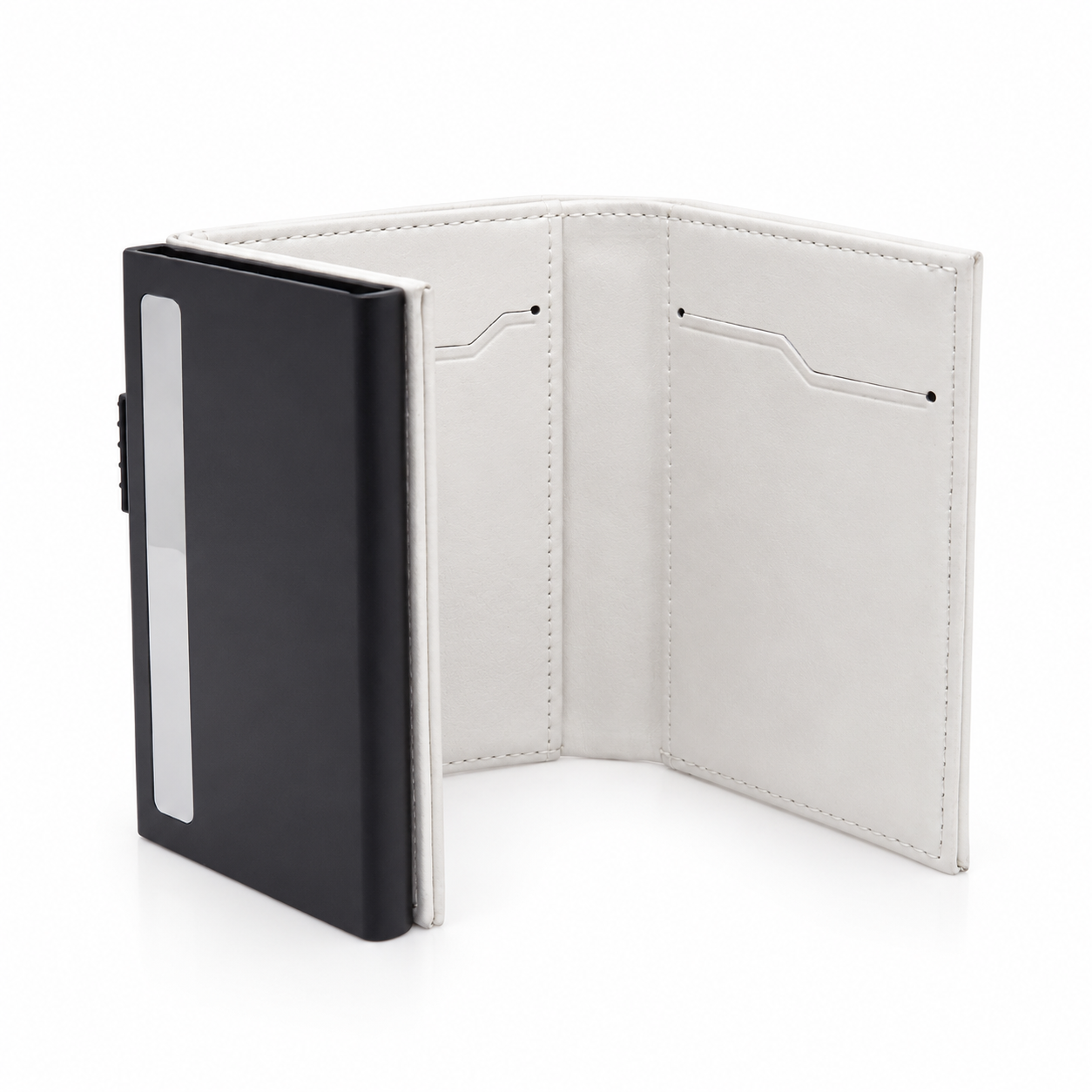 Geöffnetes weisses Smart Wallet aus Echtleder mit schwarzem Aluminium-Kartenetui, Sichtfenster und seitlichem Pop-up-Schieber