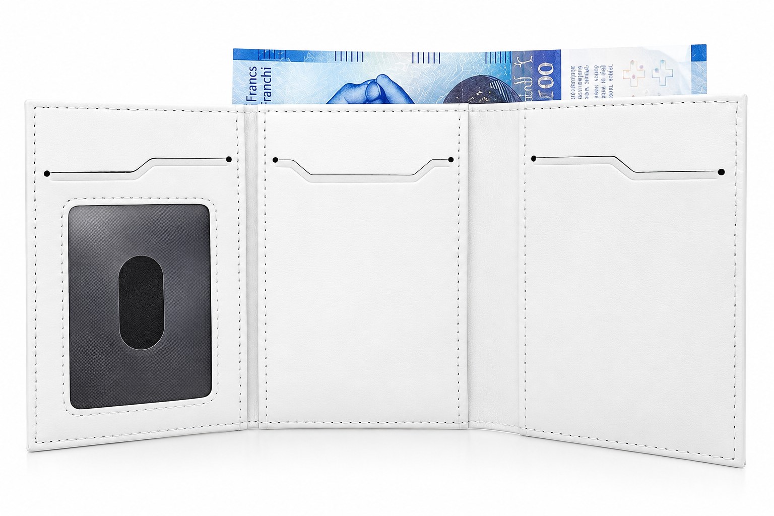 Geöffnetes weisses Smart Wallet aus Echtleder mit Kartenfächern, transparentem Sichtfenster und Innenfach für Banknoten