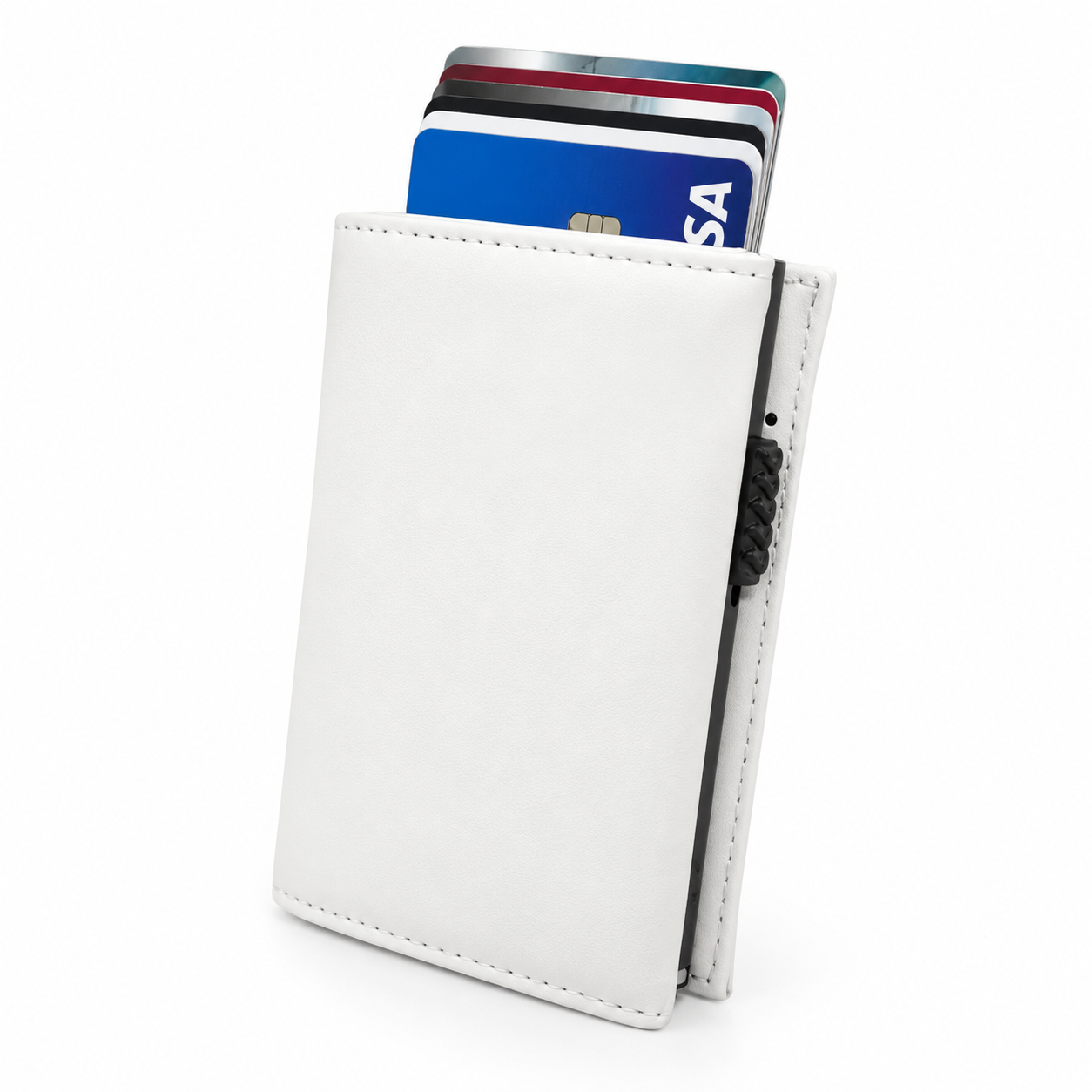 Weisses Smart Wallet aus Echtleder mit herausgeschobenen Karten und seitlichem Pop-up-Schieber