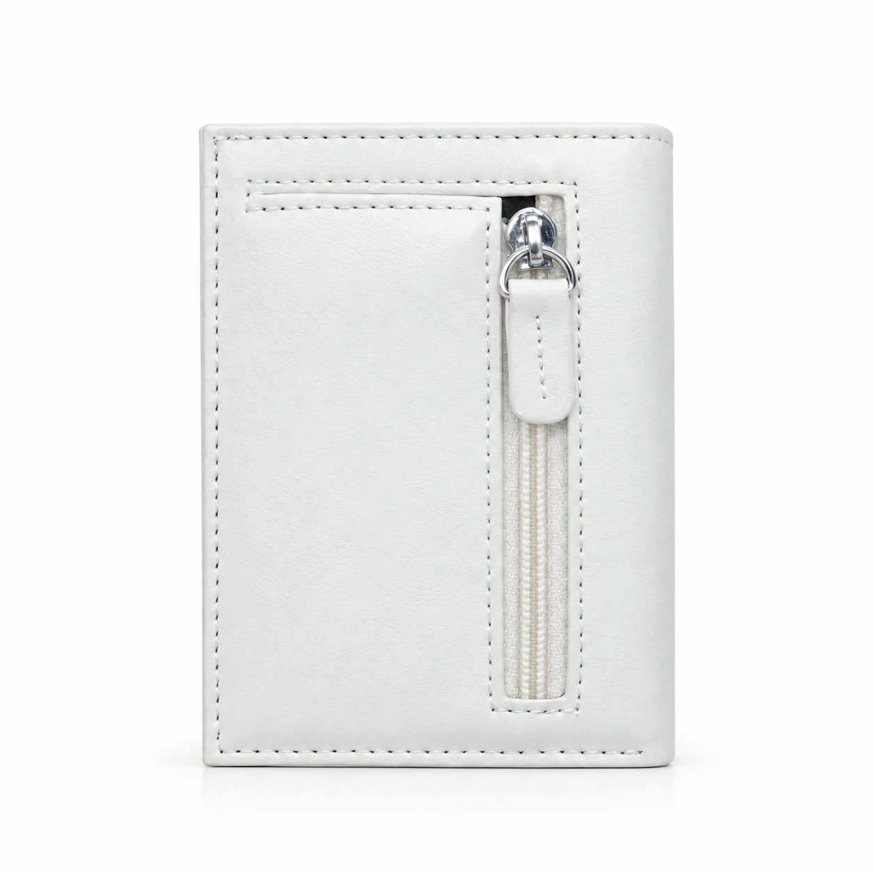 Weisses Smart Wallet aus Echtleder mit vertikalem Reissverschlussfach und silbernem Zipper
