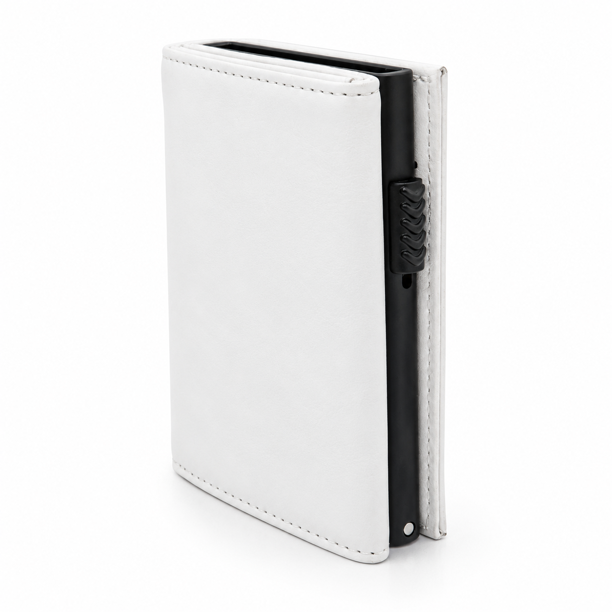 Weisses Smart Wallet aus Echtleder mit schwarzem Aluminium-Kartenetui und seitlichem Pop-up-Schieber