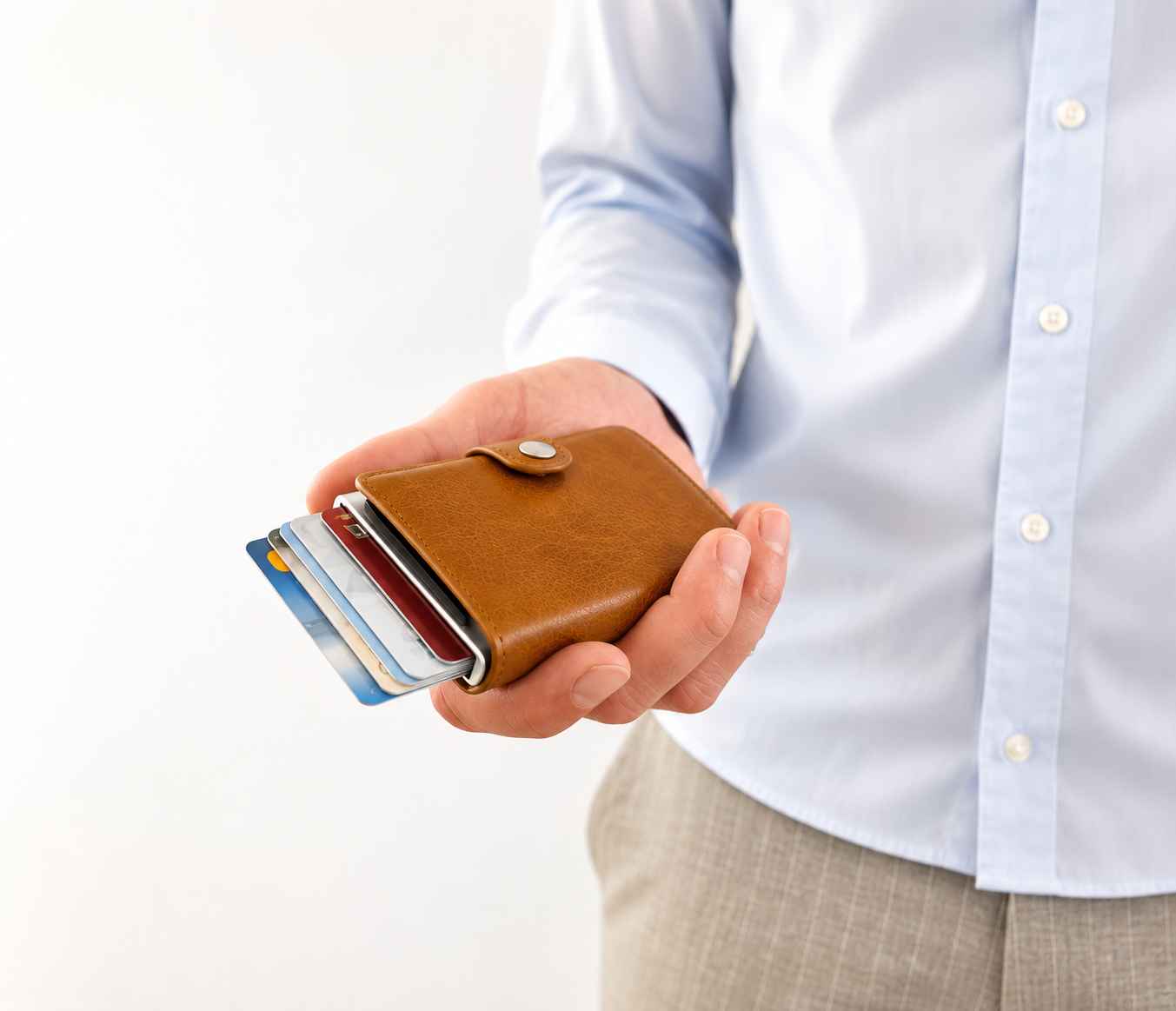 Mann präsentiert ein braunes Smart Wallet mit herausgeschobenen Karten