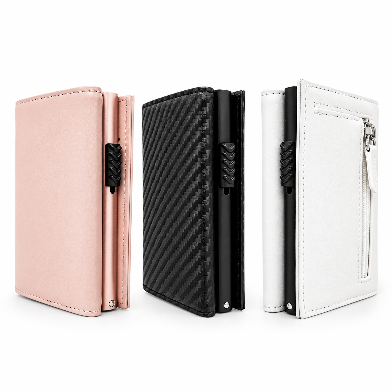 Smart Wallet mit Pop-up-Funktion und Münzfach in Pink, Carbon-Schwarz und Weiss