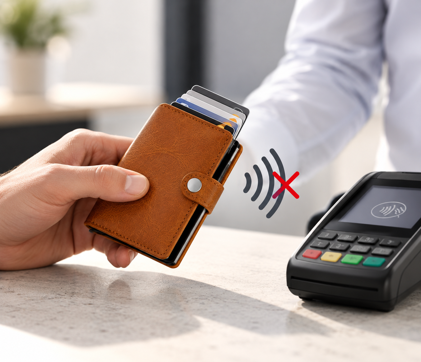 Braunes Smart Wallet mit Karten neben einem kontaktlosen Kartenlesegerät