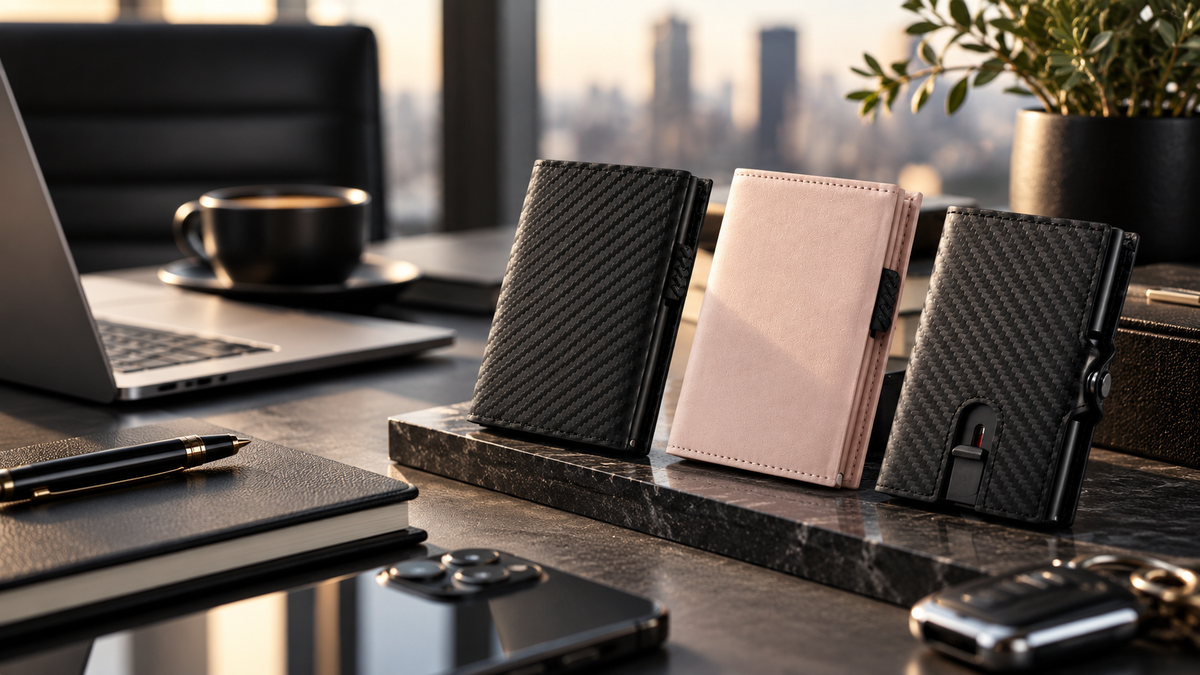 Drei elegante Smart Wallets und Kartenetuis auf einem Bürotisch