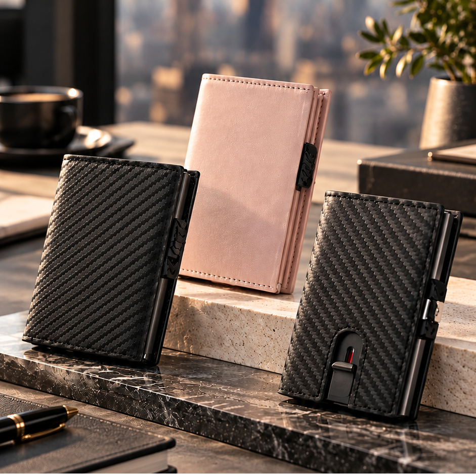 Kompakte schwarze und rosafarbene Smart Wallets und Kartenetuis